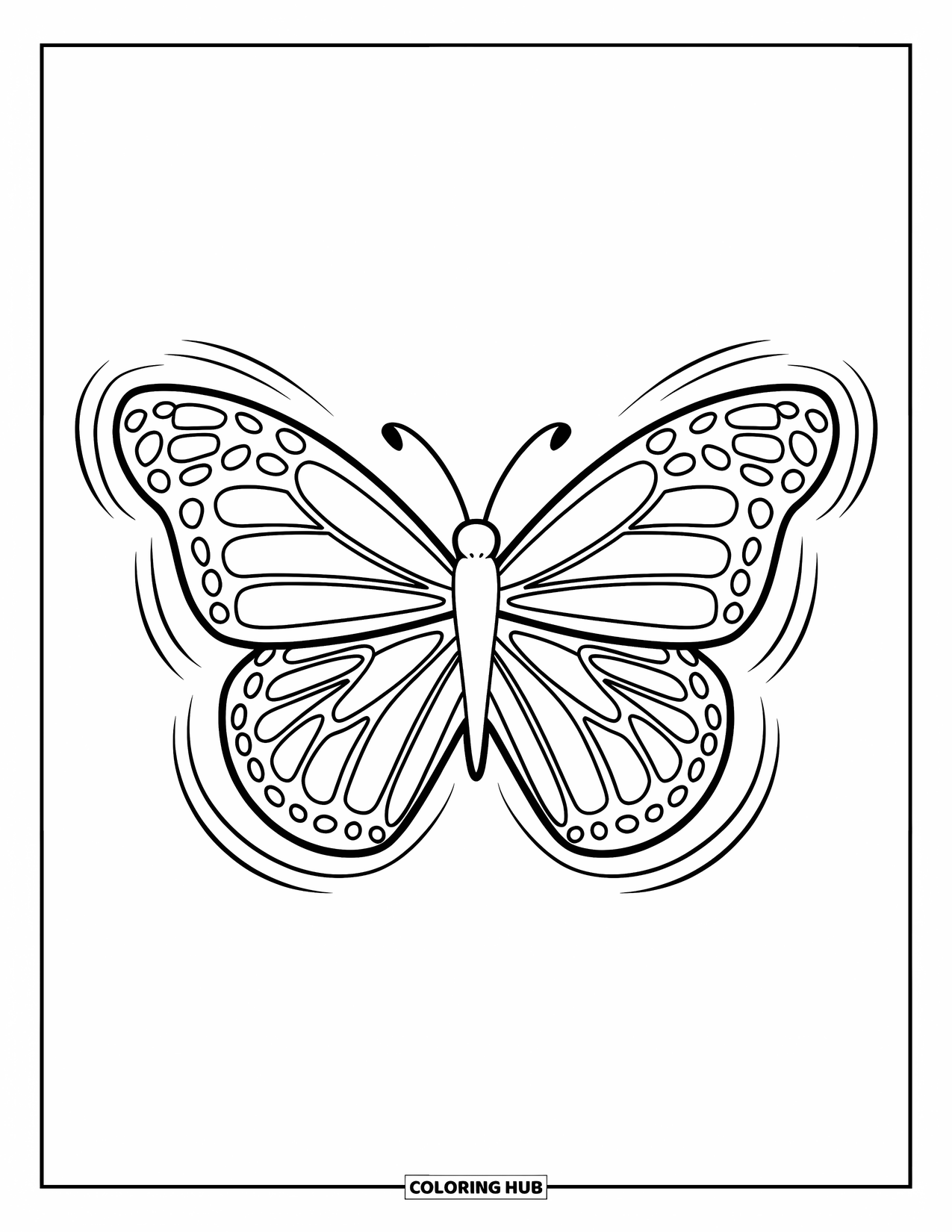 Desenho de Borboleta para Colorir para Crianças: Uma grande borboleta com contornos marcantes e linhas de movimento ondulantes