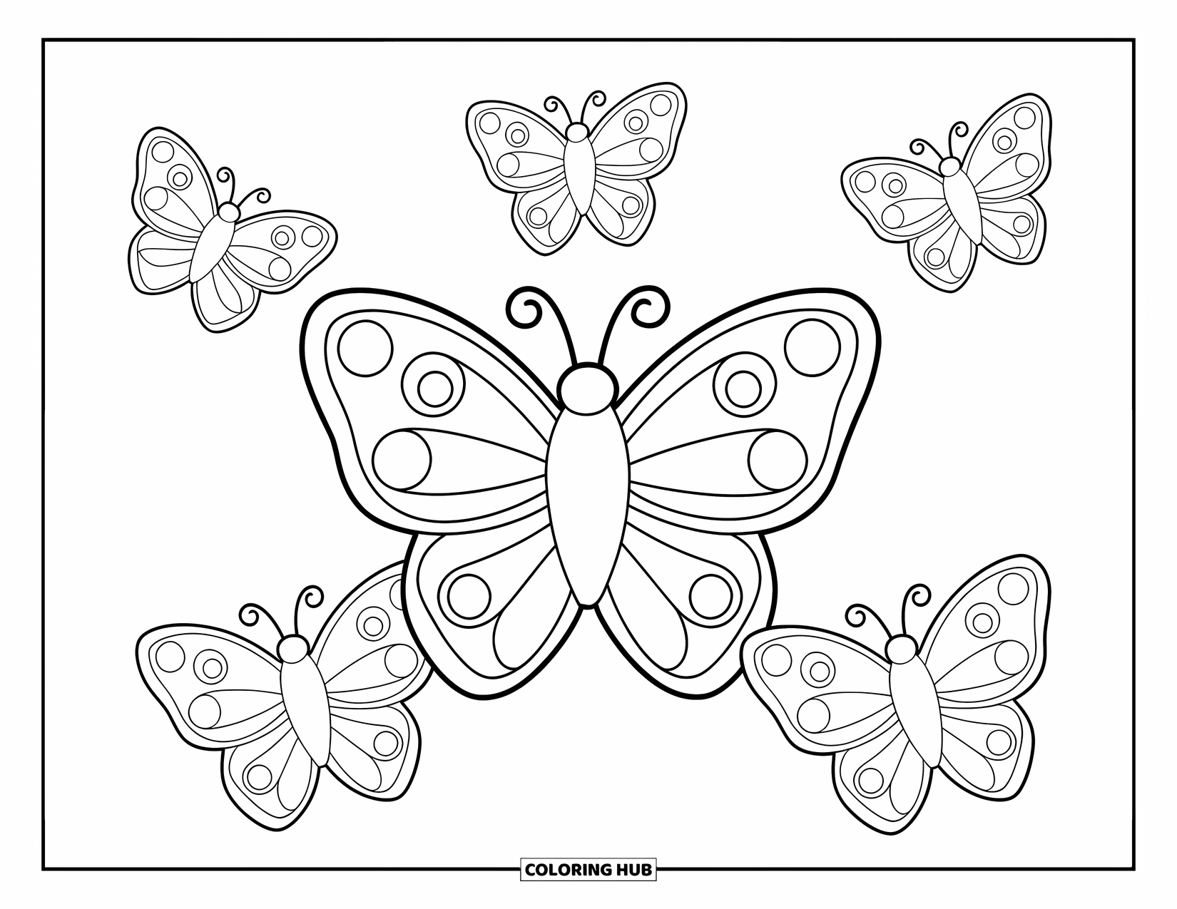 Desenho de Borboleta para Colorir para Crianças: Uma grande borboleta com quatro pequenas borboletas dispostas ao redor dela