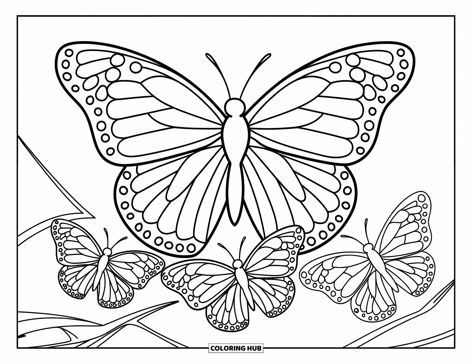 Desenho de Borboleta para Colorir para Crianças: Uma grande borboleta com quatro menores pousadas em um galho frondoso