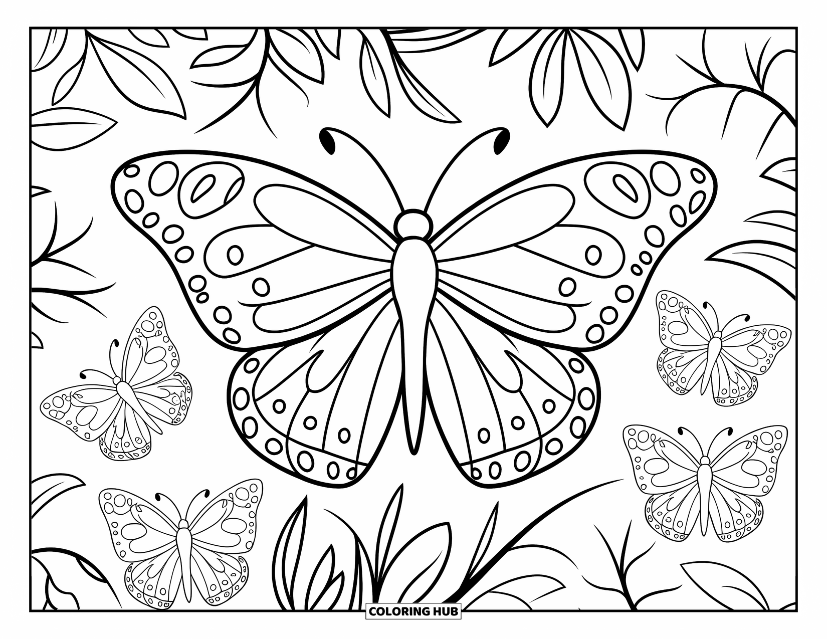 Desenho de Borboleta para Colorir para Crianças: Uma grande borboleta com asas divertidas cercada por quatro borboletas menores