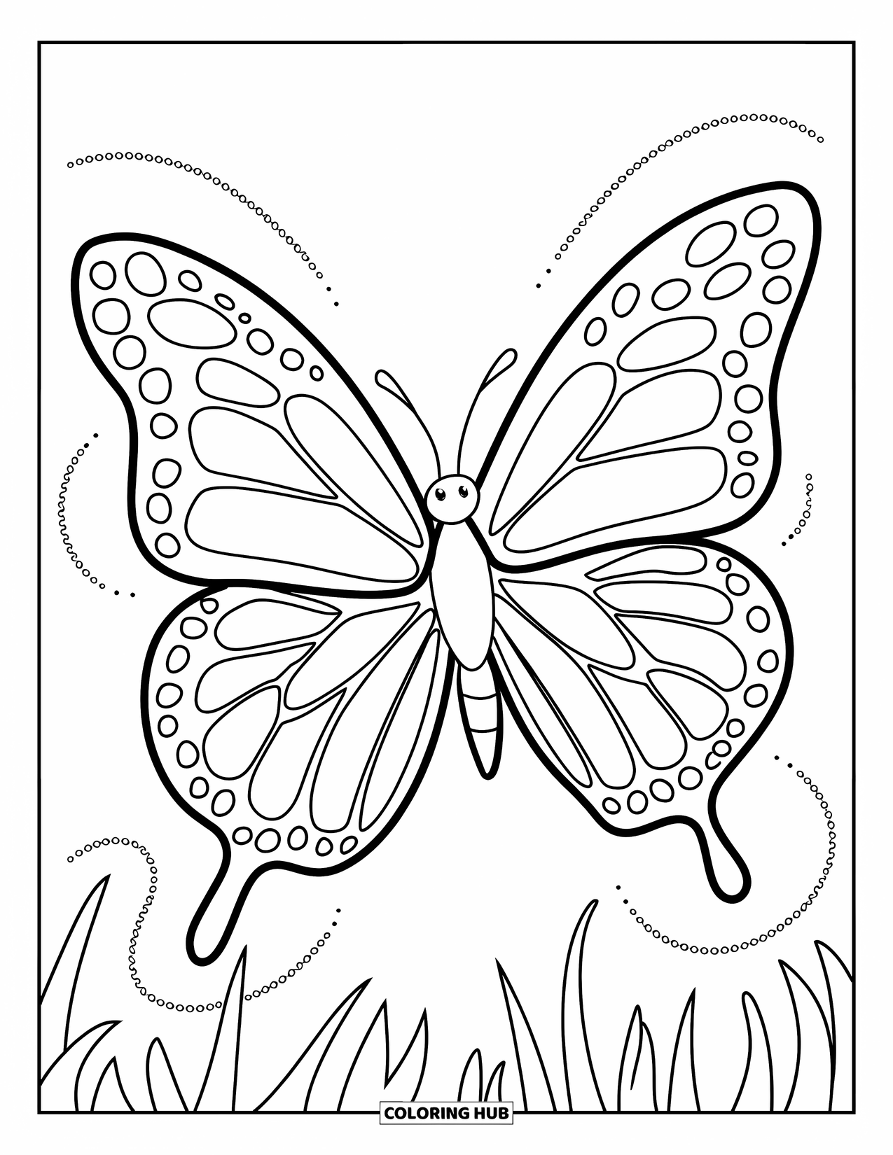 Desenho de Borboleta para Colorir para Crianças: Uma grande borboleta com padrões simples e linhas de movimento ondulantes