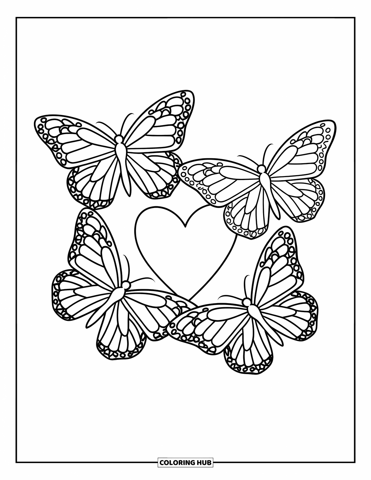 Desenho de Borboleta para Colorir para Crianças: Três borboletas dispostas em um círculo ao redor de um coração, com linhas limpas e marcantes