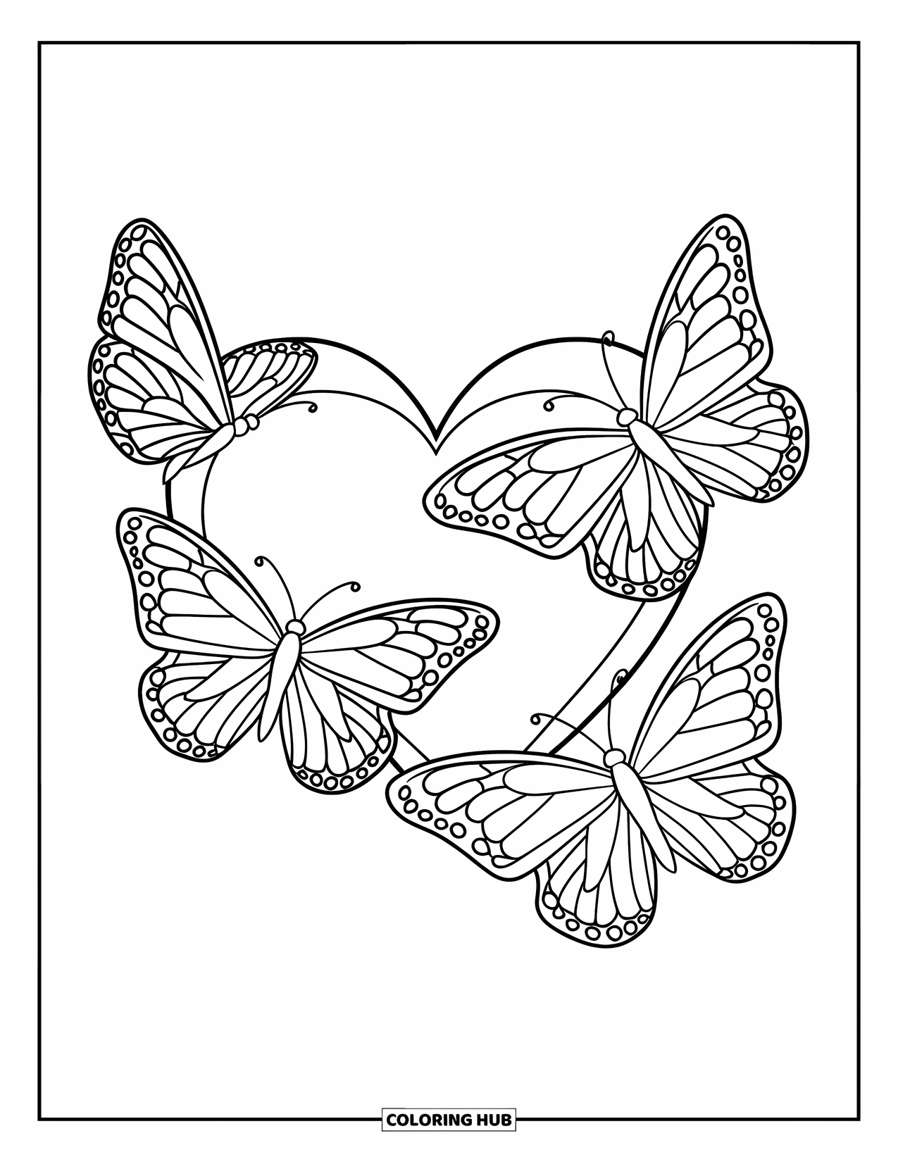 Desenho de Borboleta para Colorir para Crianças: Três borboletas dispostas em um círculo ao redor de um coração, com asas e veias detalhadas