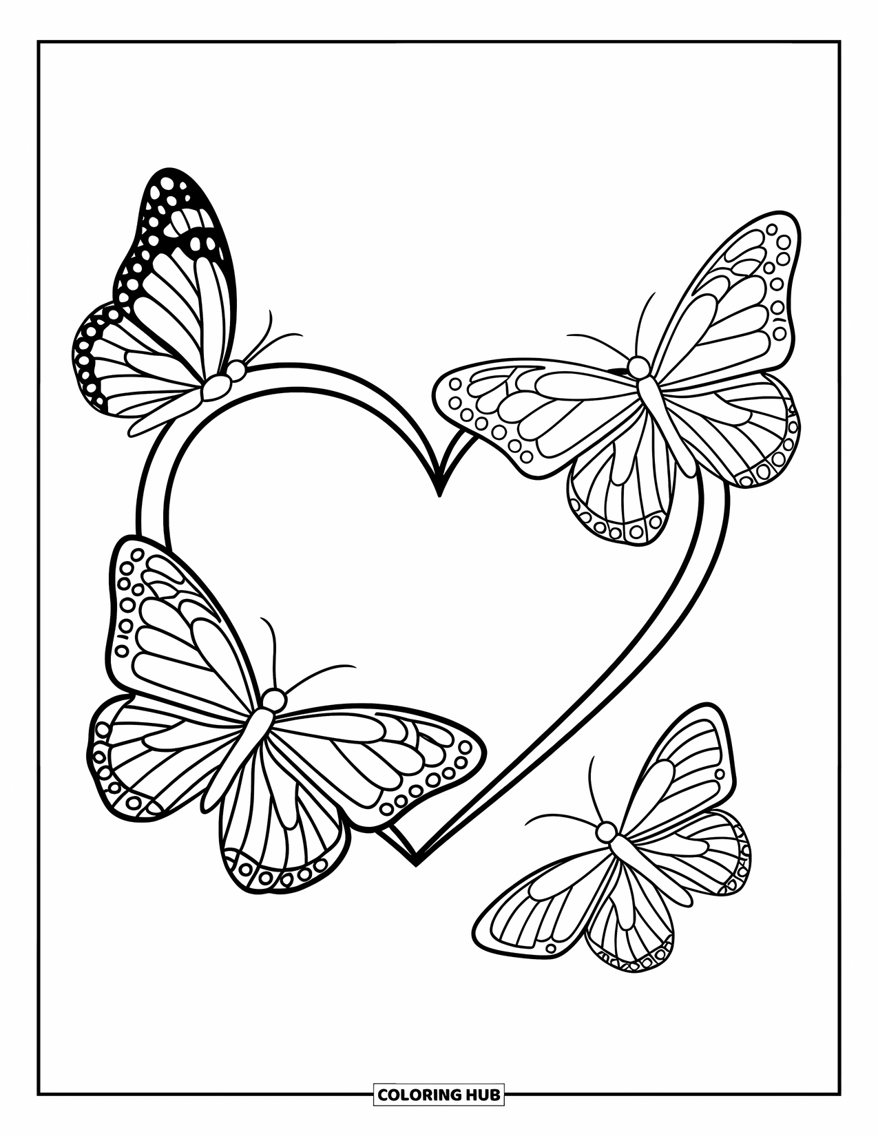 Desenho de Borboleta para Colorir para Crianças: Três borboletas dispostas em um padrão circular ao redor de um coração