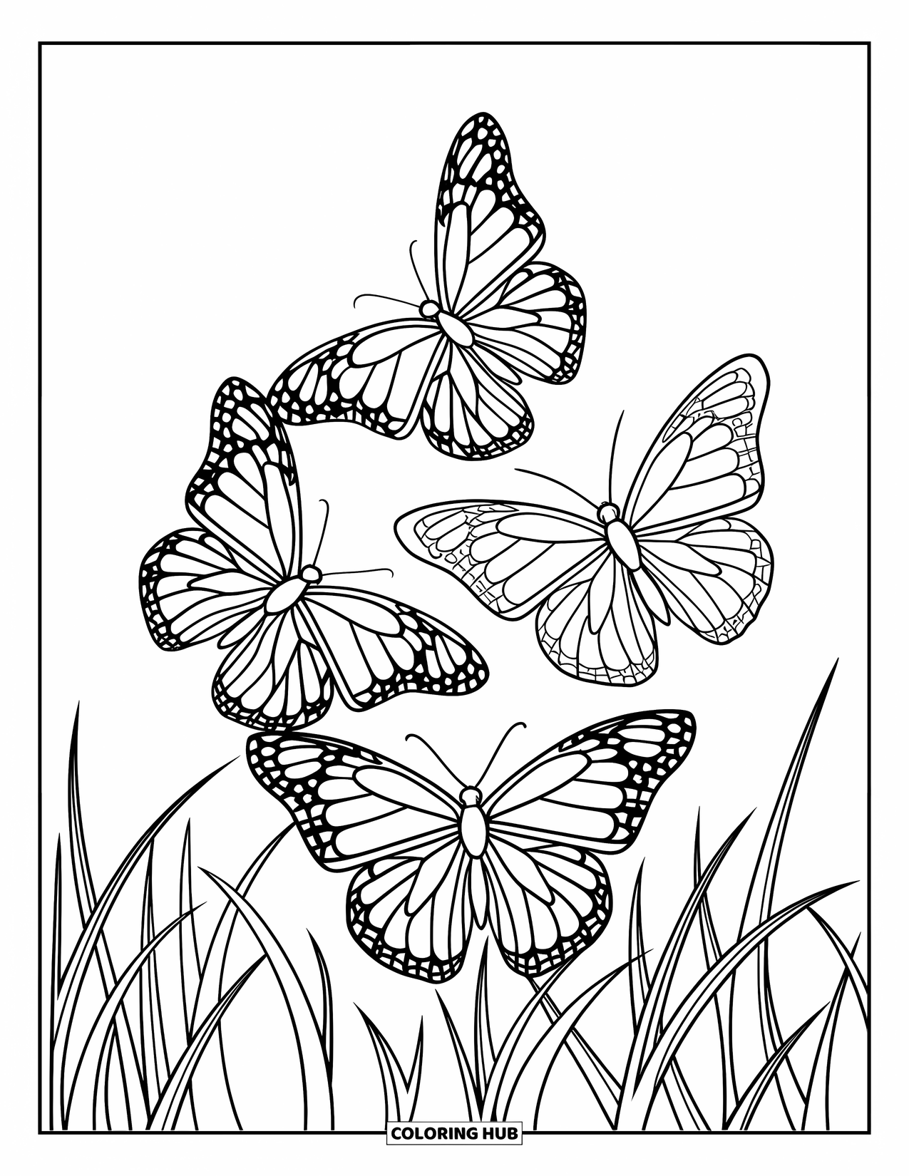 Desenho de Borboleta para Colorir para Crianças: Três borboletas voando acima de lâminas de grama onduladas