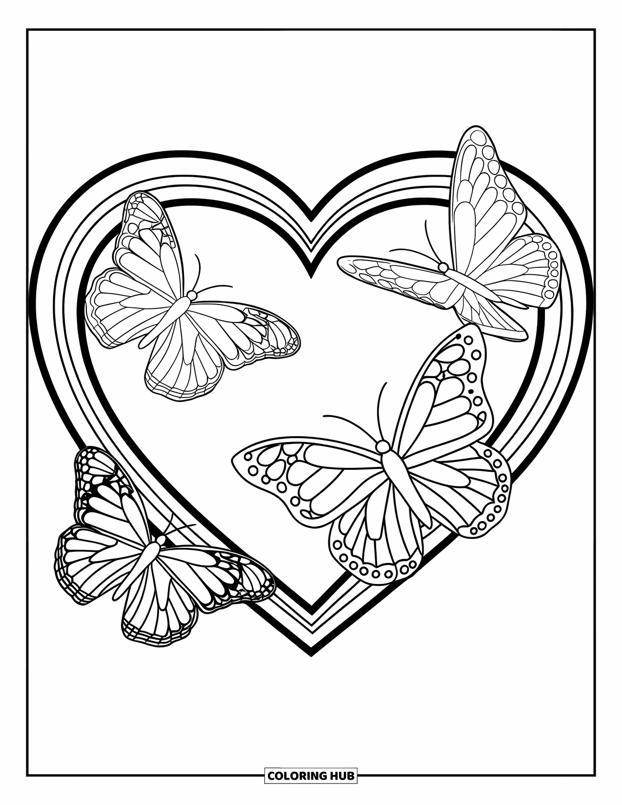 Desenho de Borboleta para Colorir para Crianças: Três borboletas voando ao redor de uma moldura em forma de coração com contornos marcantes