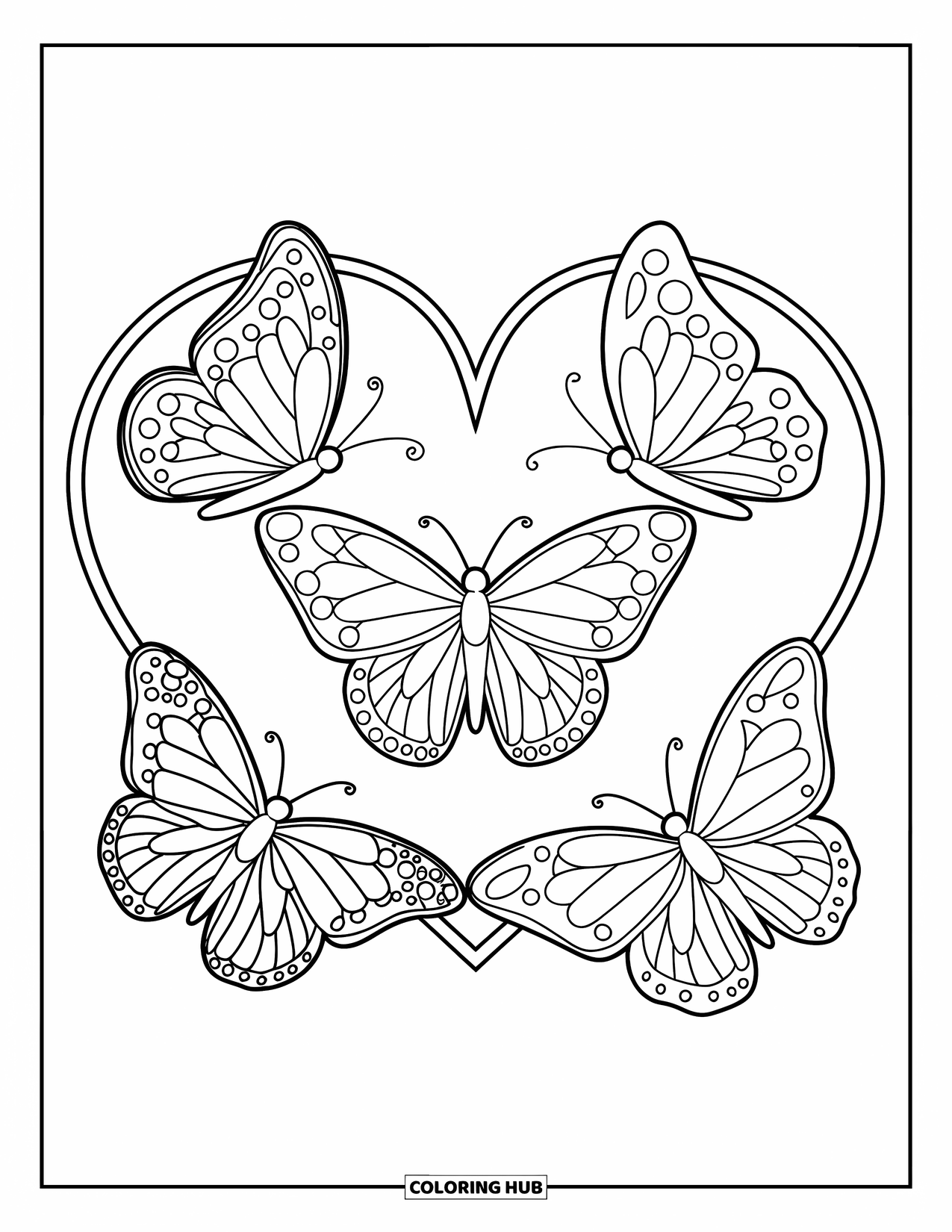 Desenho de Borboleta para Colorir para Crianças: Três borboletas voando ao redor de uma moldura em forma de coração