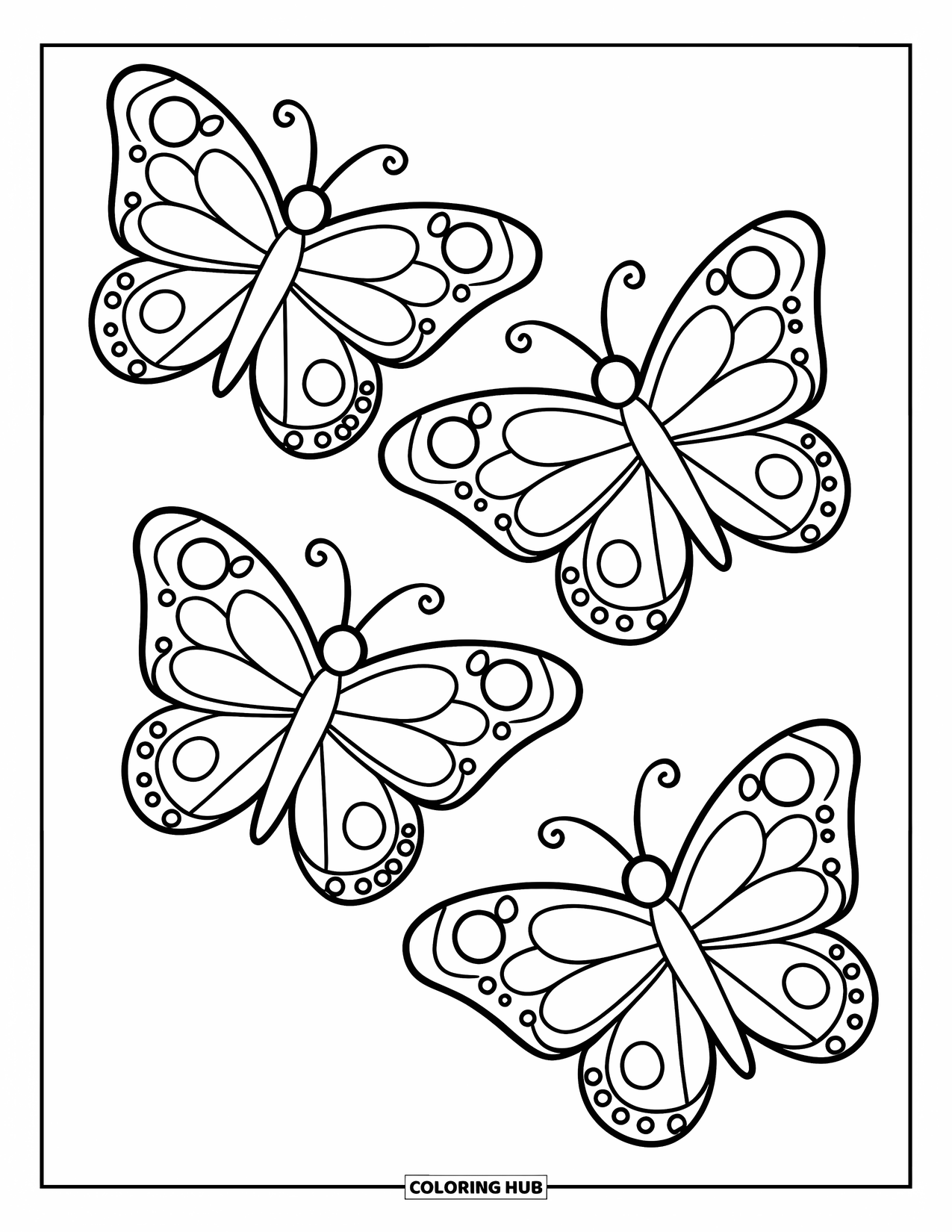 Desenho de Borboleta para Colorir para Crianças: Três borboletas voando em uma linha diagonal com padrões de asas simples