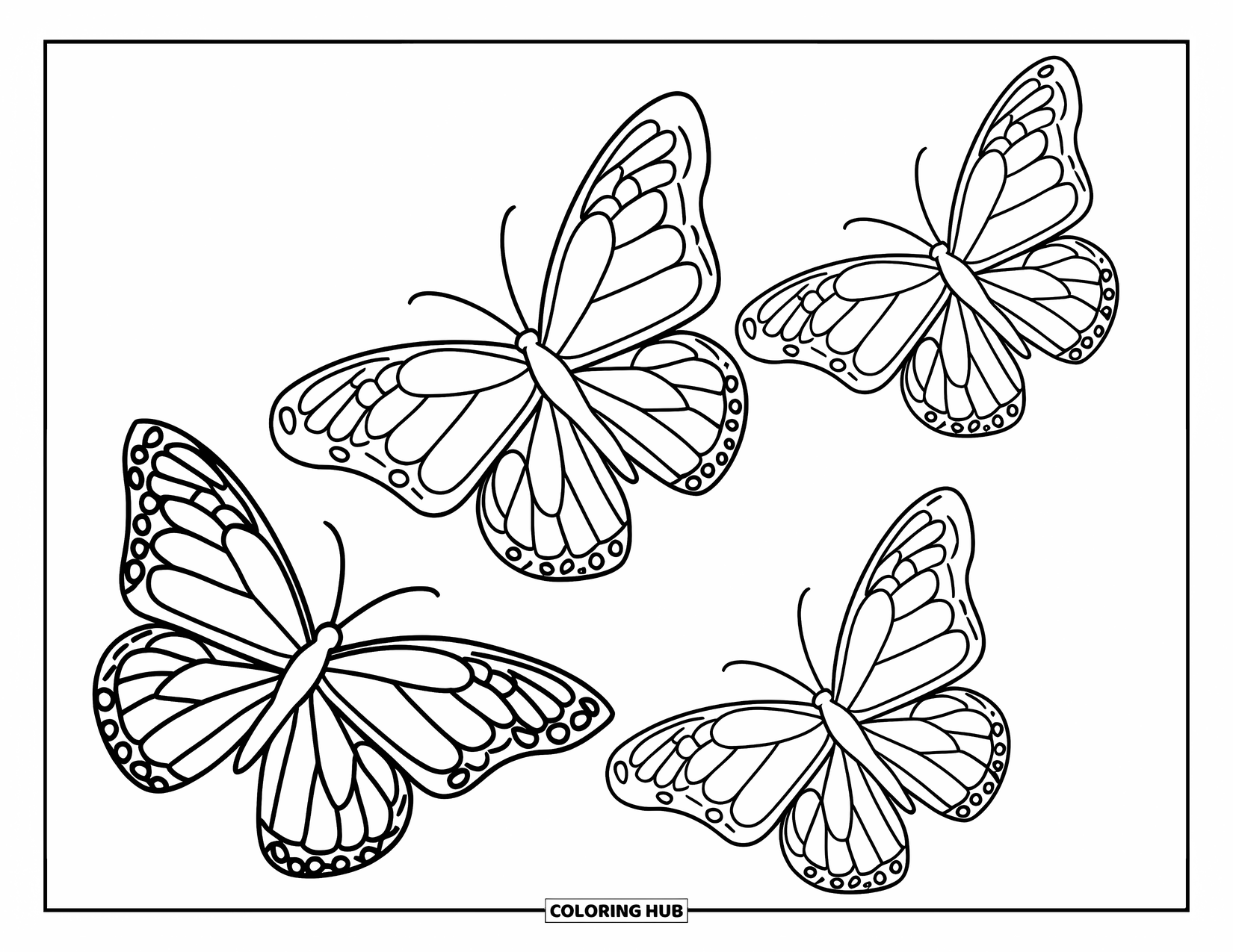 Desenho de Borboleta para Colorir para Crianças: Três borboletas voando em um arco suave com padrões simples