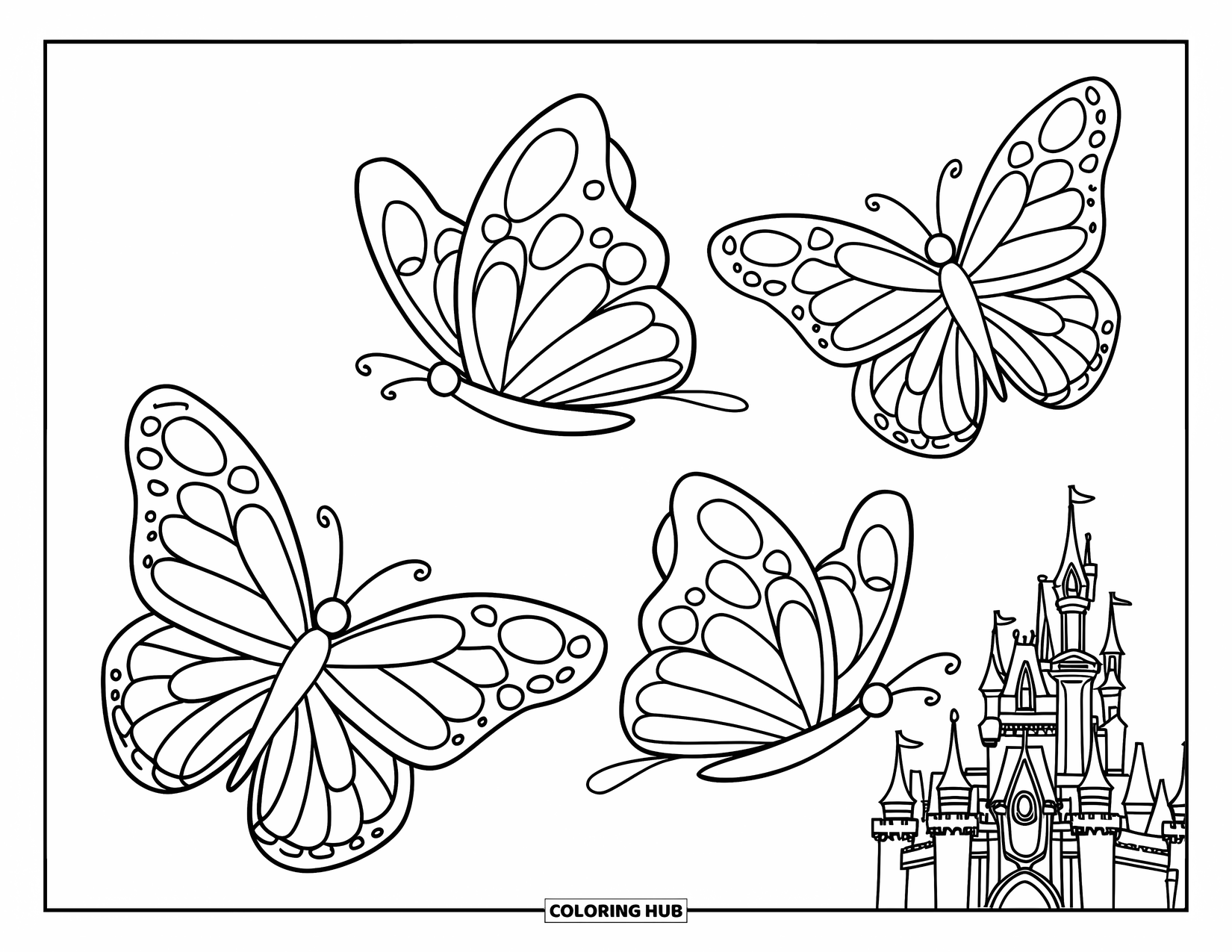 Desenho de Borboleta para Colorir para Crianças: Três borboletas voando em um arco com um castelo ao fundo