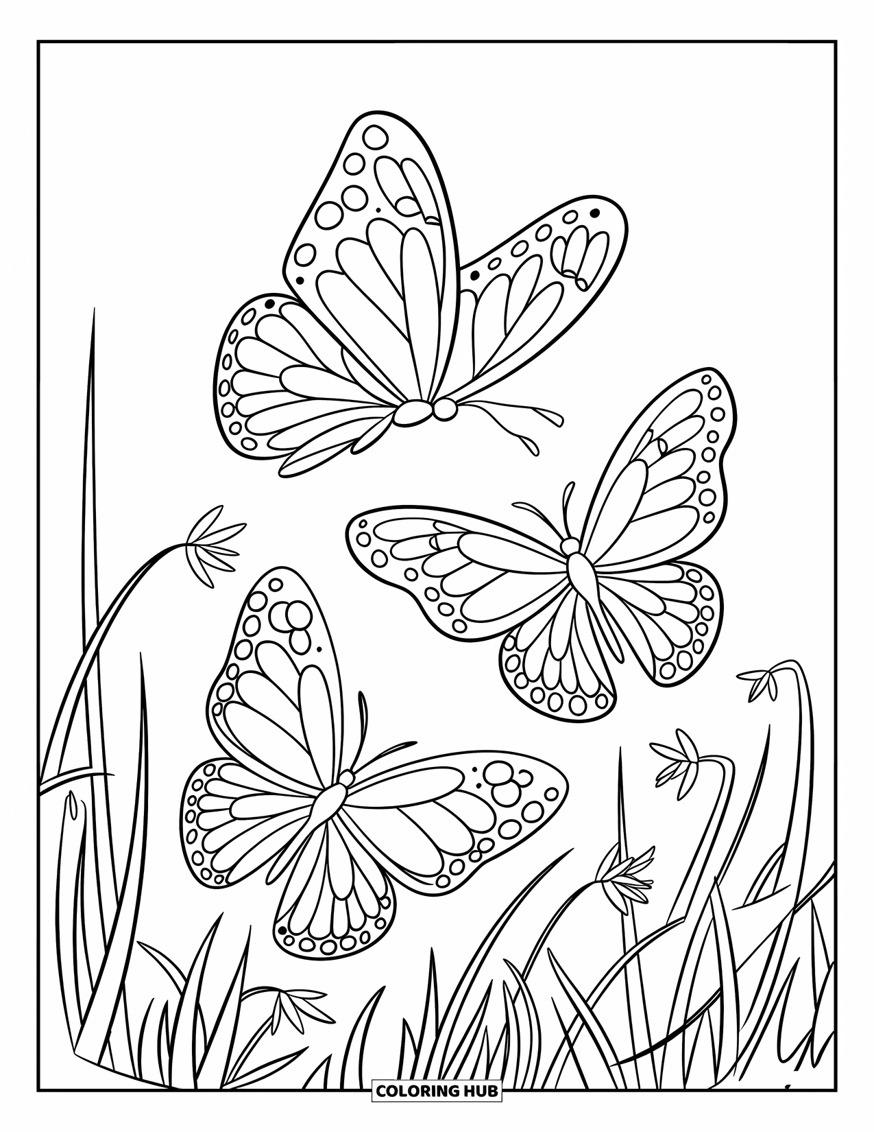 Desenho de Borboleta para Colorir para Crianças: Três borboletas voando sobre grama com flores delicadas