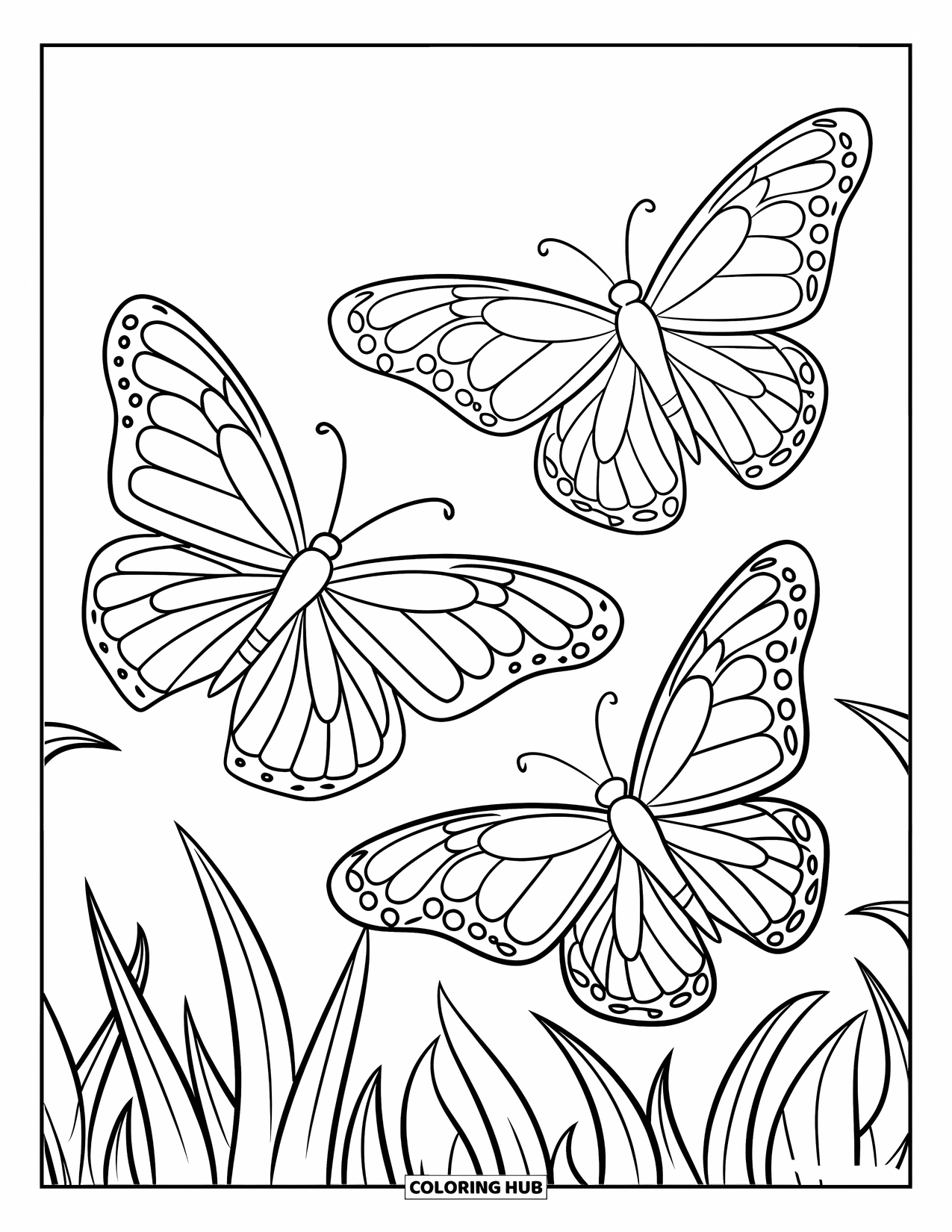Desenho de Borboleta para Colorir para Crianças: Três borboletas voando acima de lâminas de grama em uma formação triangular