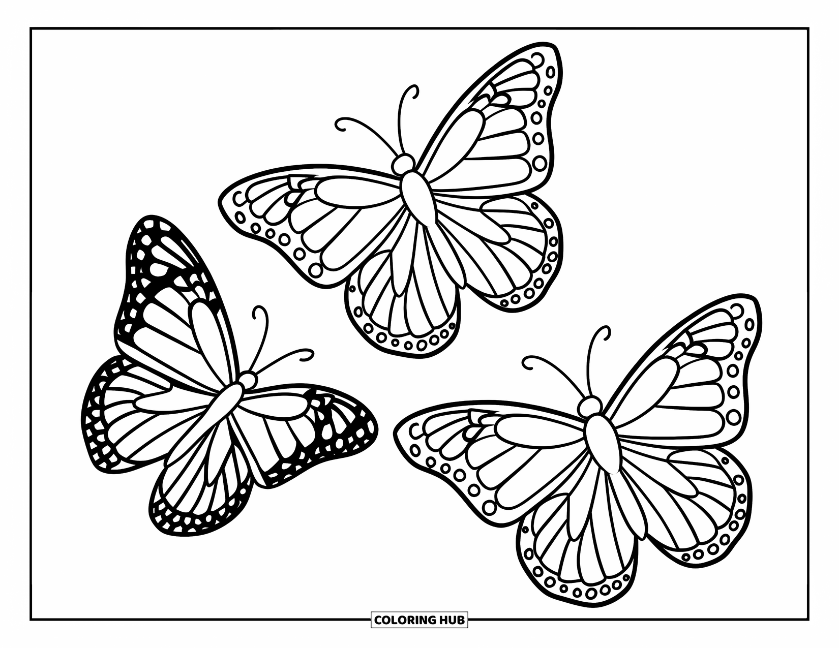 Desenho de Borboleta para Colorir para Crianças: Três borboletas com padrões básicos de asas voando em um arco