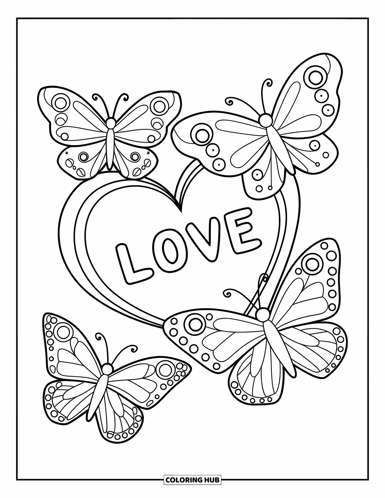 Desenho de Borboleta para Colorir para Crianças: Três borboletas com olhos redondos voando ao redor de uma moldura de coração com a palavra "Love" (Amor) nela