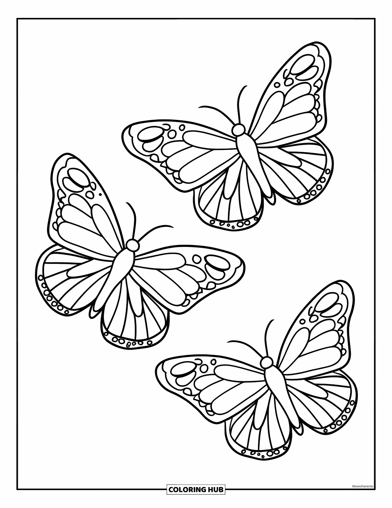Desenho de Borboleta para Colorir para Crianças: Três borboletas com asas arredondadas voando em uma linha diagonal