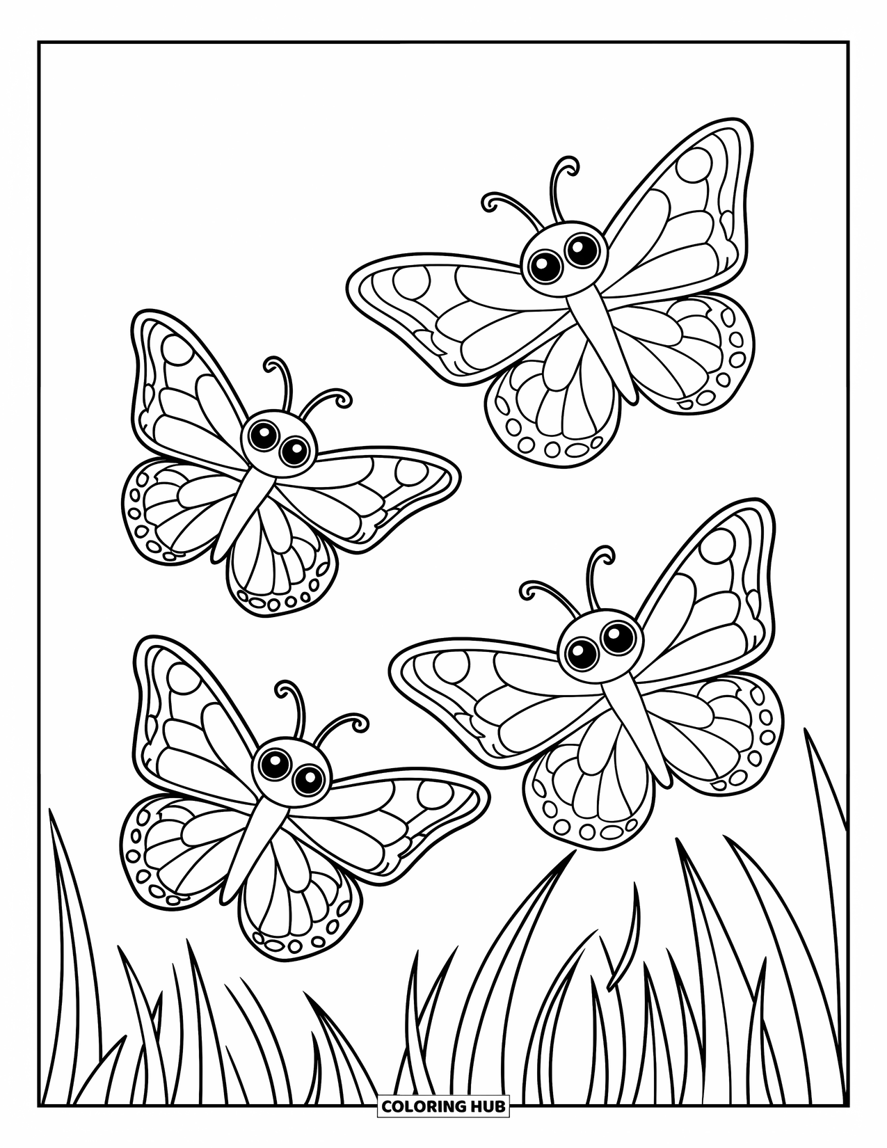Desenho de Borboleta para Colorir para Crianças: Três borboletas com asas únicas voando sobre finas lâminas de grama