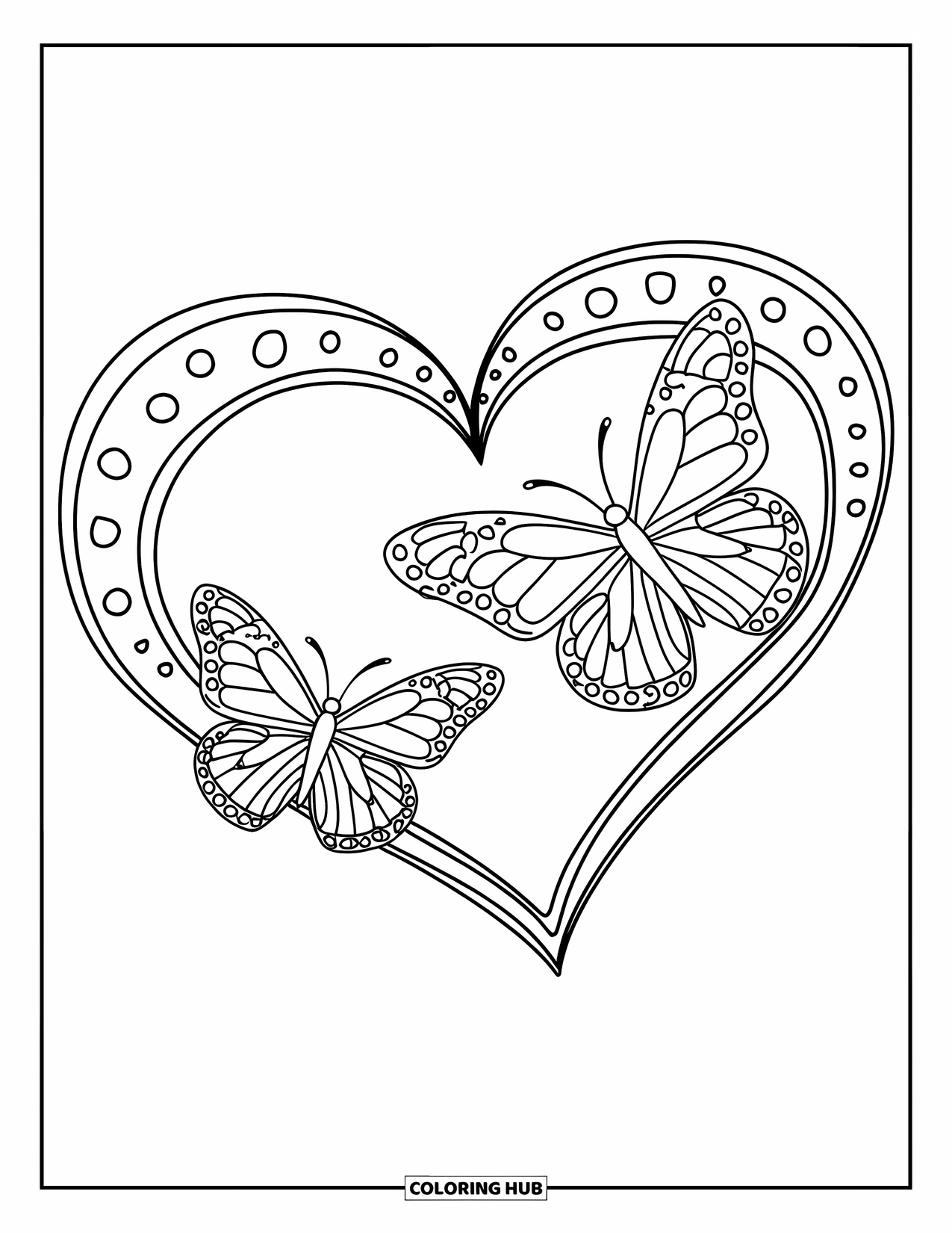 Desenho de Borboleta para Colorir para Crianças: Duas borboletas voando ao redor de um contorno em forma de coração, com asas e veias detalhadas