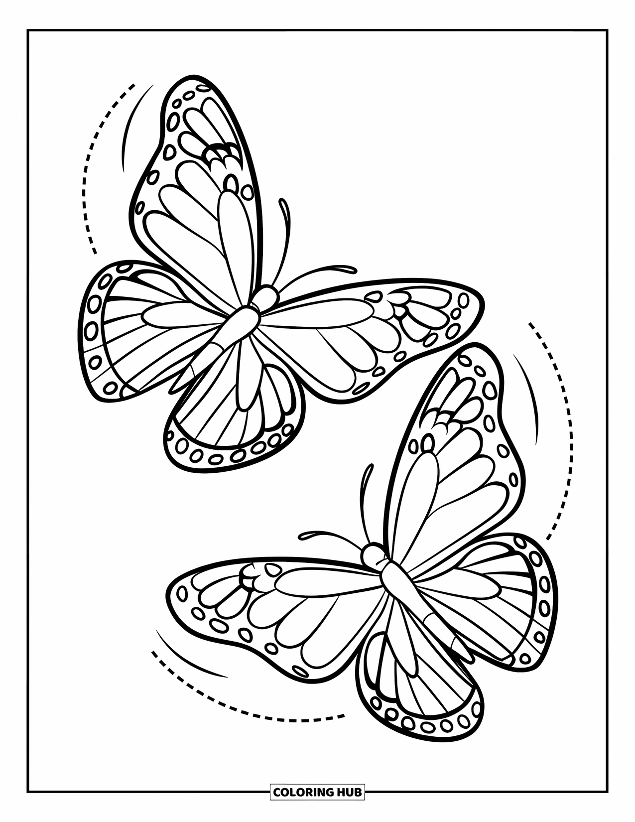 Desenho de Borboleta para Colorir para Crianças: Duas borboletas voando em direções opostas com linhas de movimento pontilhadas