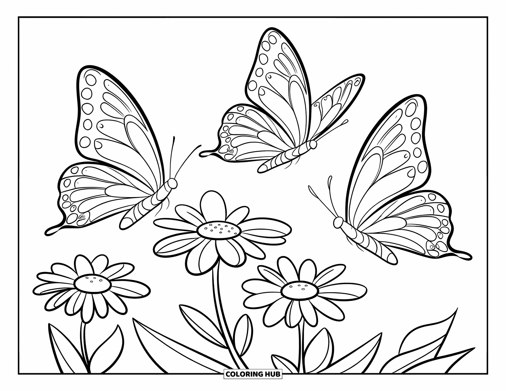 Desenho de Borboleta para Colorir para Crianças: Duas borboletas voando sobre três flores de cinco pétalas