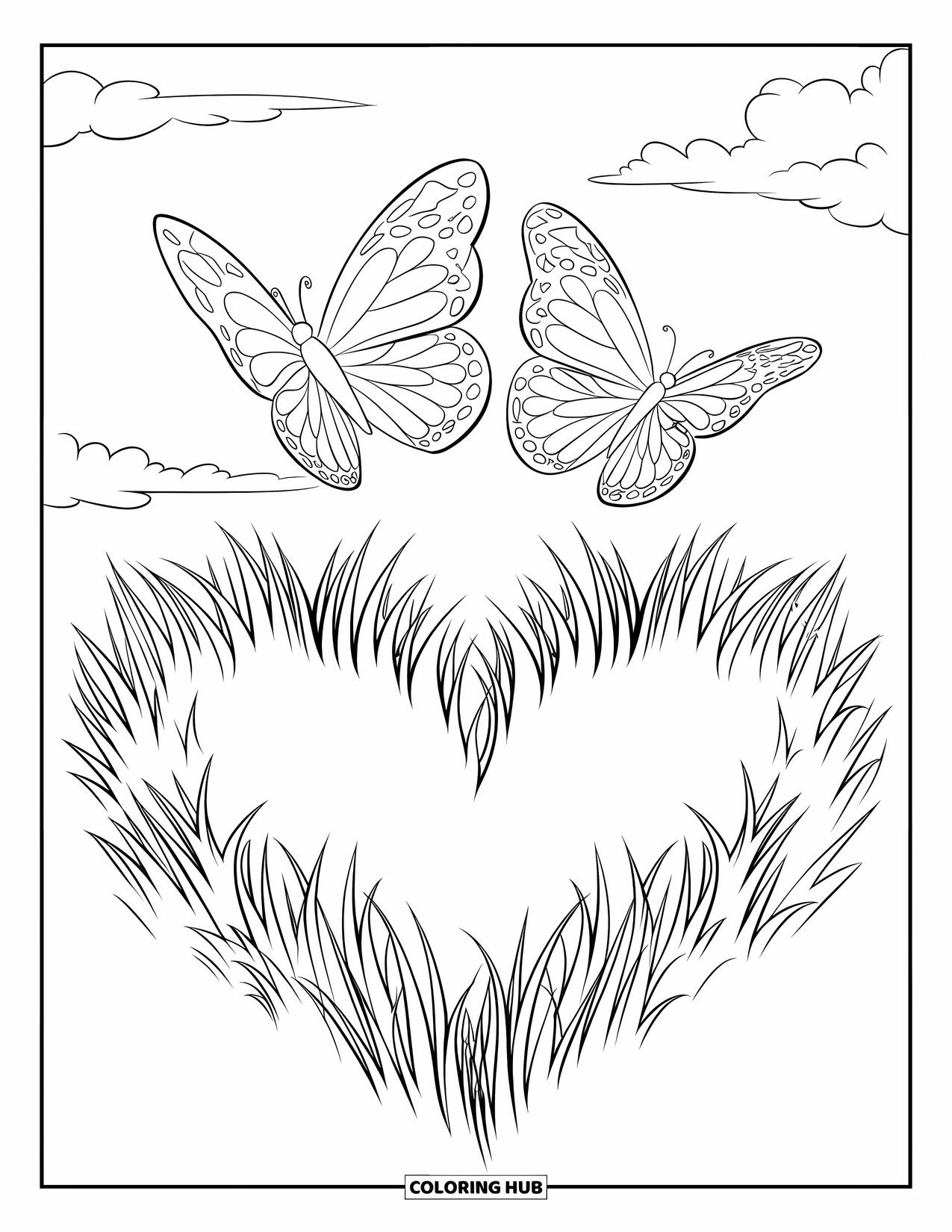 Desenho de Borboleta para Colorir para Crianças: Duas borboletas voando lado a lado acima de grama em forma de coração, com um céu claro ao fundo