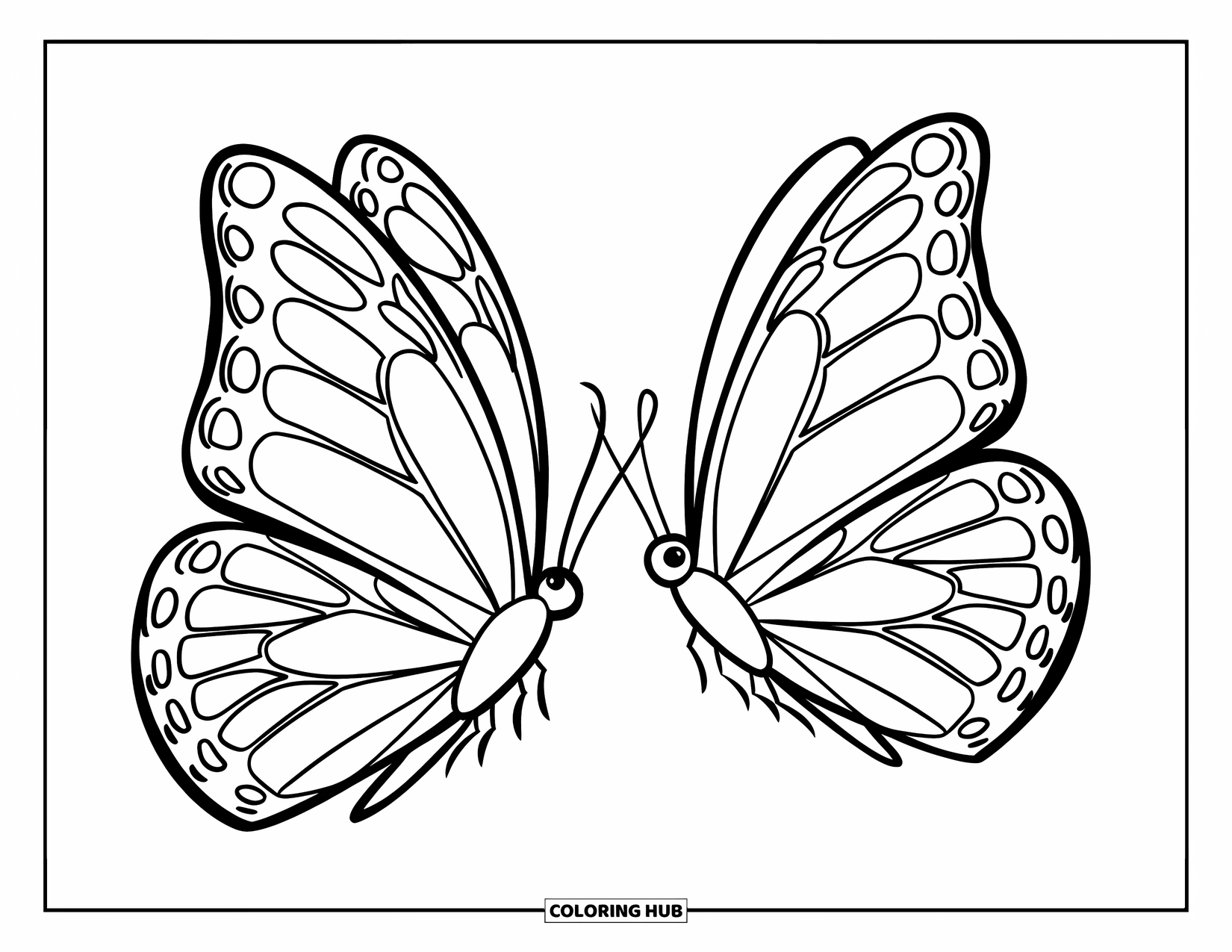 Desenho de Borboleta para Colorir para Crianças: Duas borboletas voando uma em direção à outra com detalhes mínimos