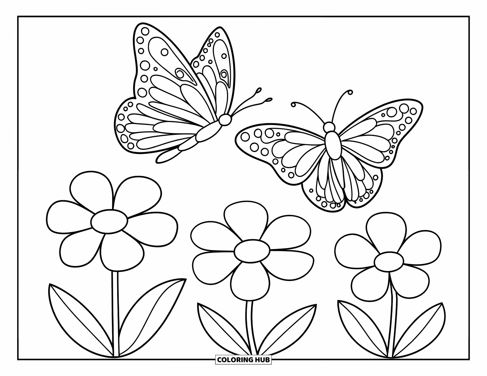 Desenho de Borboleta para Colorir para Crianças: Duas borboletas voando acima de uma fileira de flores de cinco pétalas