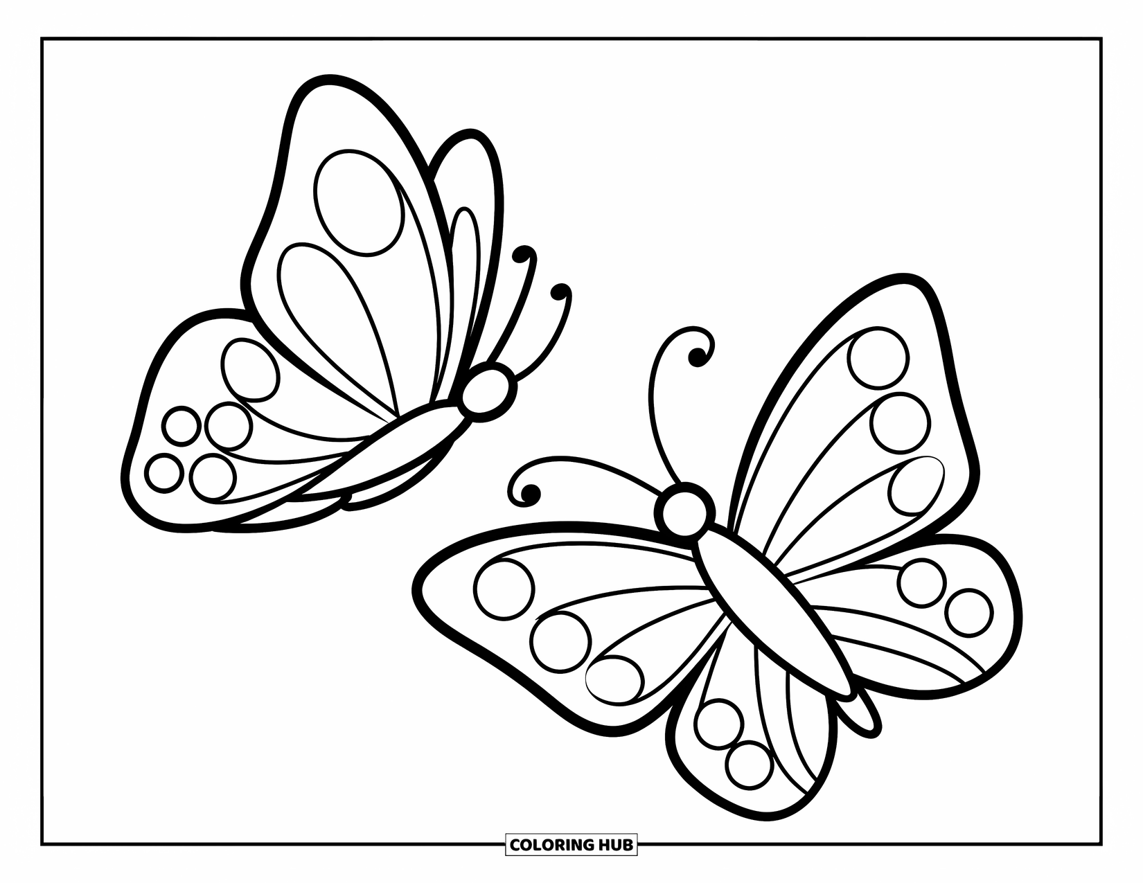 Desenho de Borboleta para Colorir para Crianças: Duas borboletas com formas de asas simples voando uma em direção à outra