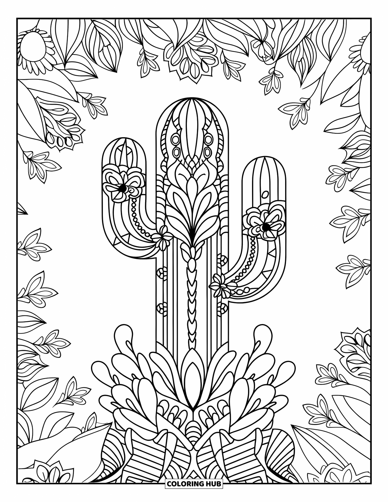 Cactus Coloring Page for Adults: A beautiful mandala-style cactus with swirling patterns, floral accents, and decorative elements