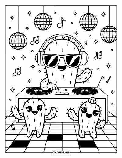 Coloriage de cactus pour adultes : Un cactus DJ avec des lunettes de soleil faisant tourner des disques pendant que de minuscules cactus dansent sous des lumières disco
