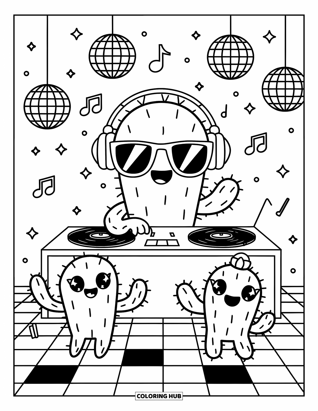 Cactus Coloring Page for Adults: A cactus DJ with sunglasses spinning records while tiny cacti dance under disco lights