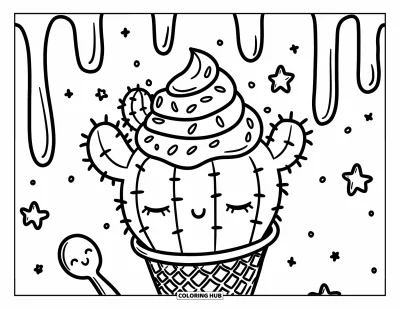 Coloriage de cactus pour adultes : Un cornet de crème glacée au cactus avec des pointes douces, des joues rougissantes et un tourbillon de crème fouettée