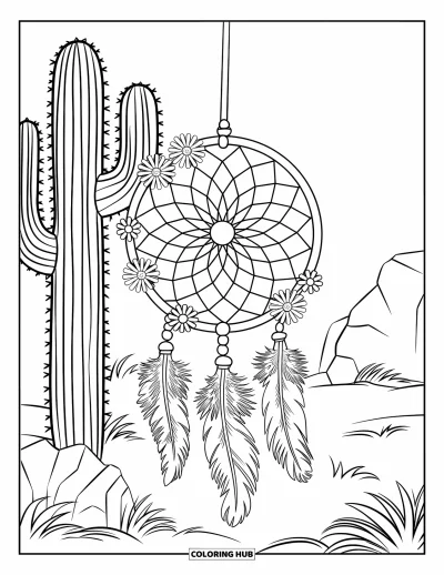 Coloriage de cactus pour adultes : Un cactus avec un attrape-rêves, avec une toile tissée, des plumes délicates et un fond désertique