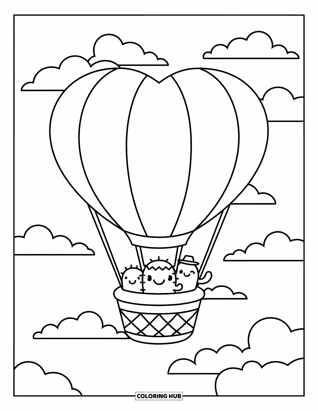 Cactus Coloring Page for Adults: A cheerful cactus trio riding in a heart-shaped hot air balloon through a dreamy sky