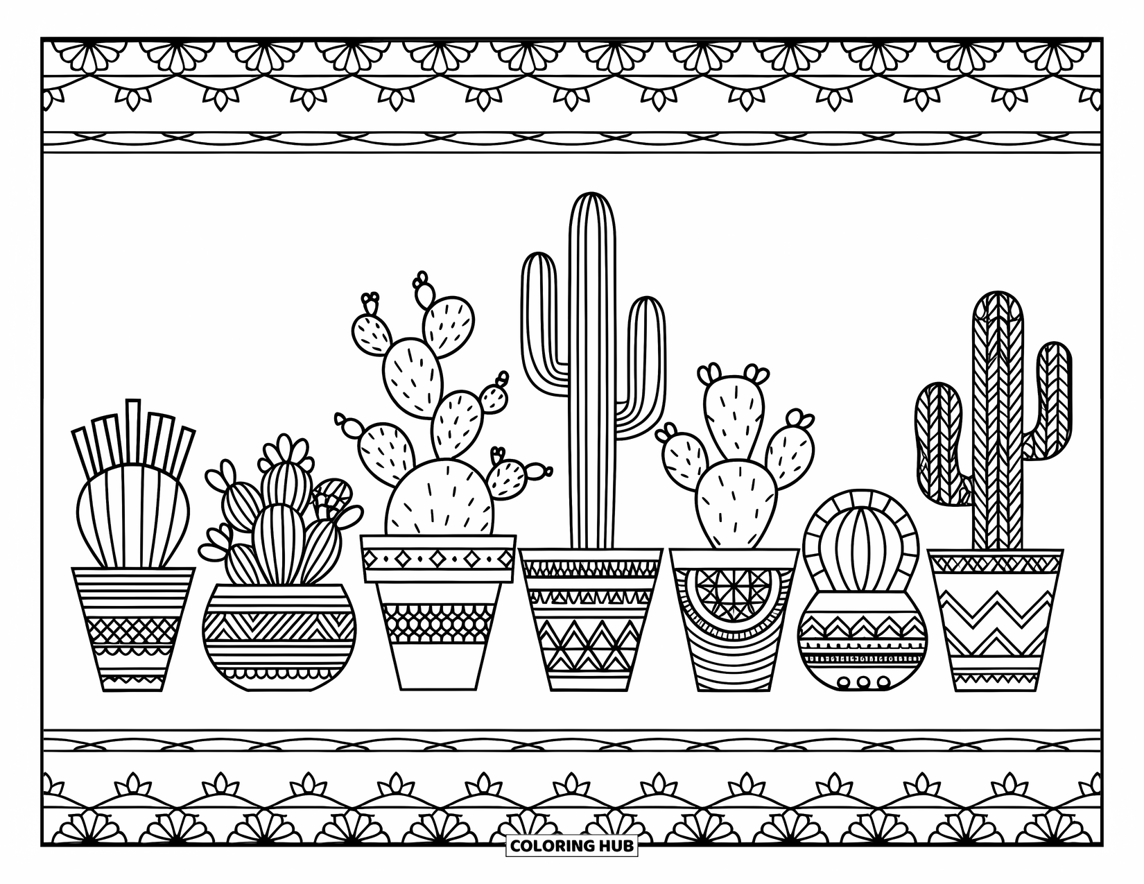 Cactus Coloring Page for Adults: A collection of different cacti arranged in decorative, patterned pots with intricate bohemian designs