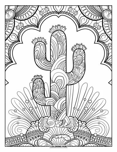 Coloriage de cactus pour adultes : Un cactus décoratif de style mandala entouré de motifs floraux et de détails artistiques