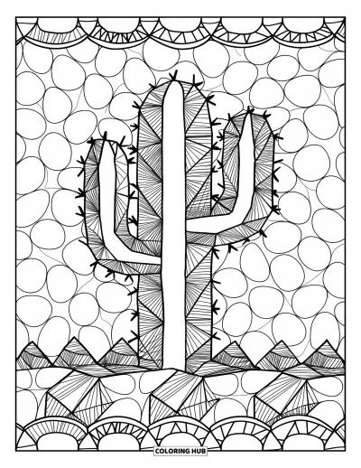 Coloriage de cactus pour adultes : Un cactus zentangle détaillé entouré de formes géométriques complexes et de bordures décoratives