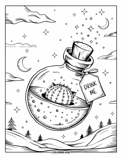 Coloriage de cactus pour adultes : Une bouteille de potion de rêve avec un chat cactus endormi, des étoiles scintillantes et une étiquette « Buvez-moi »