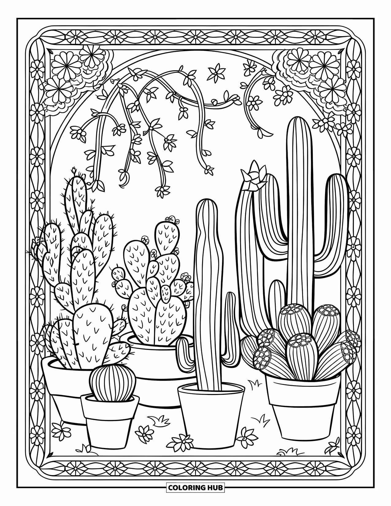 Cactus Coloring Page for Adults: A framed cactus garden with potted cacti, swirling vines, and intricate floral accents