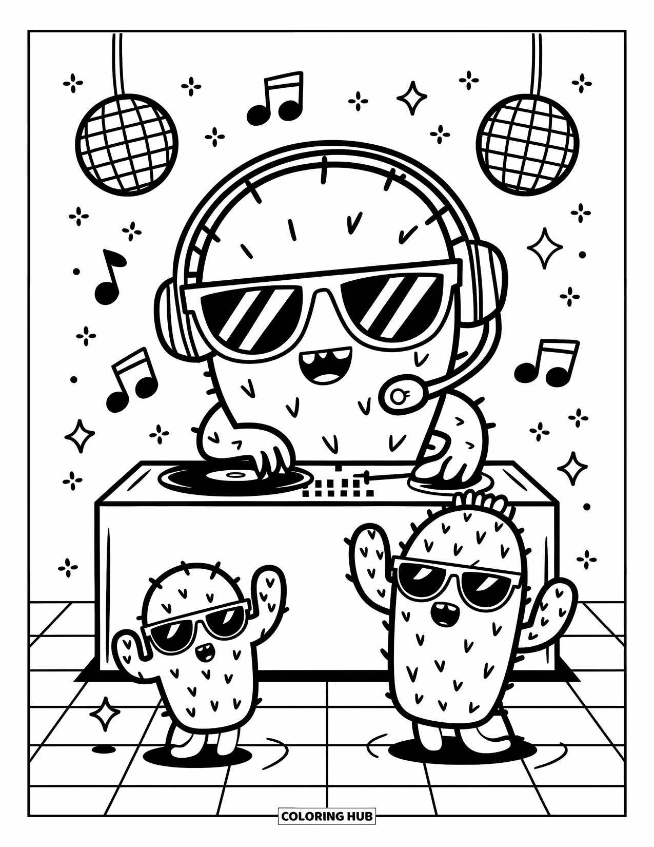 Cactus Coloring Page for Adults: A fun cactus party with a DJ in sunglasses, music notes, and dancing cacti