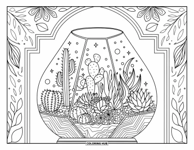 Coloriage de cactus pour adultes : Un terrarium en verre rempli de cactus, de plantes succulentes et de sphères lumineuses, créant une scène paisible