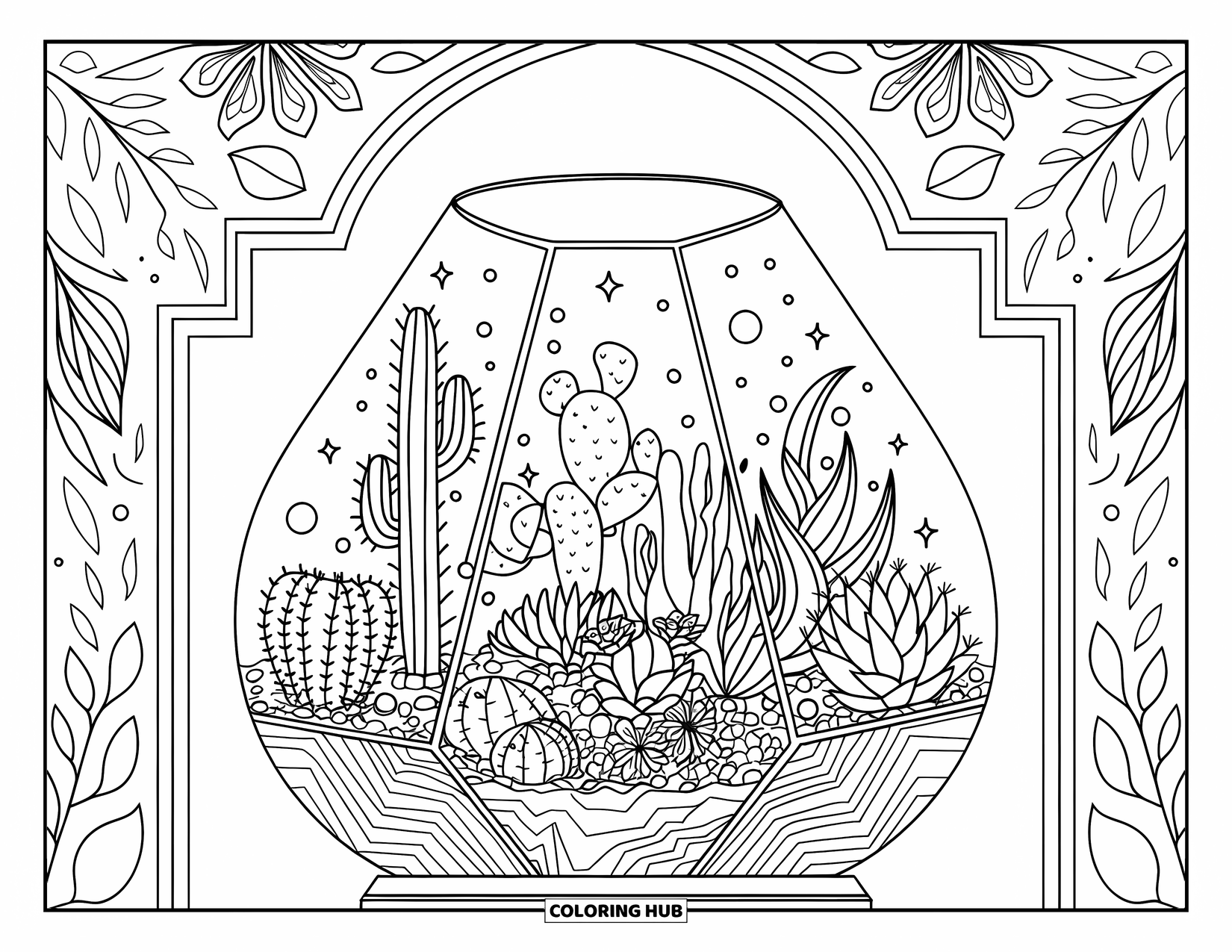 Cactus Coloring Page for Adults: A glass terrarium filled with cacti, succulents, and glowing orbs, creating a peaceful scene