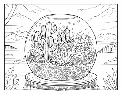Coloriage de cactus pour adultes : Un terrarium en verre avec des cactus et des plantes succulentes, placé contre un paysage avec des montagnes et de l’eau