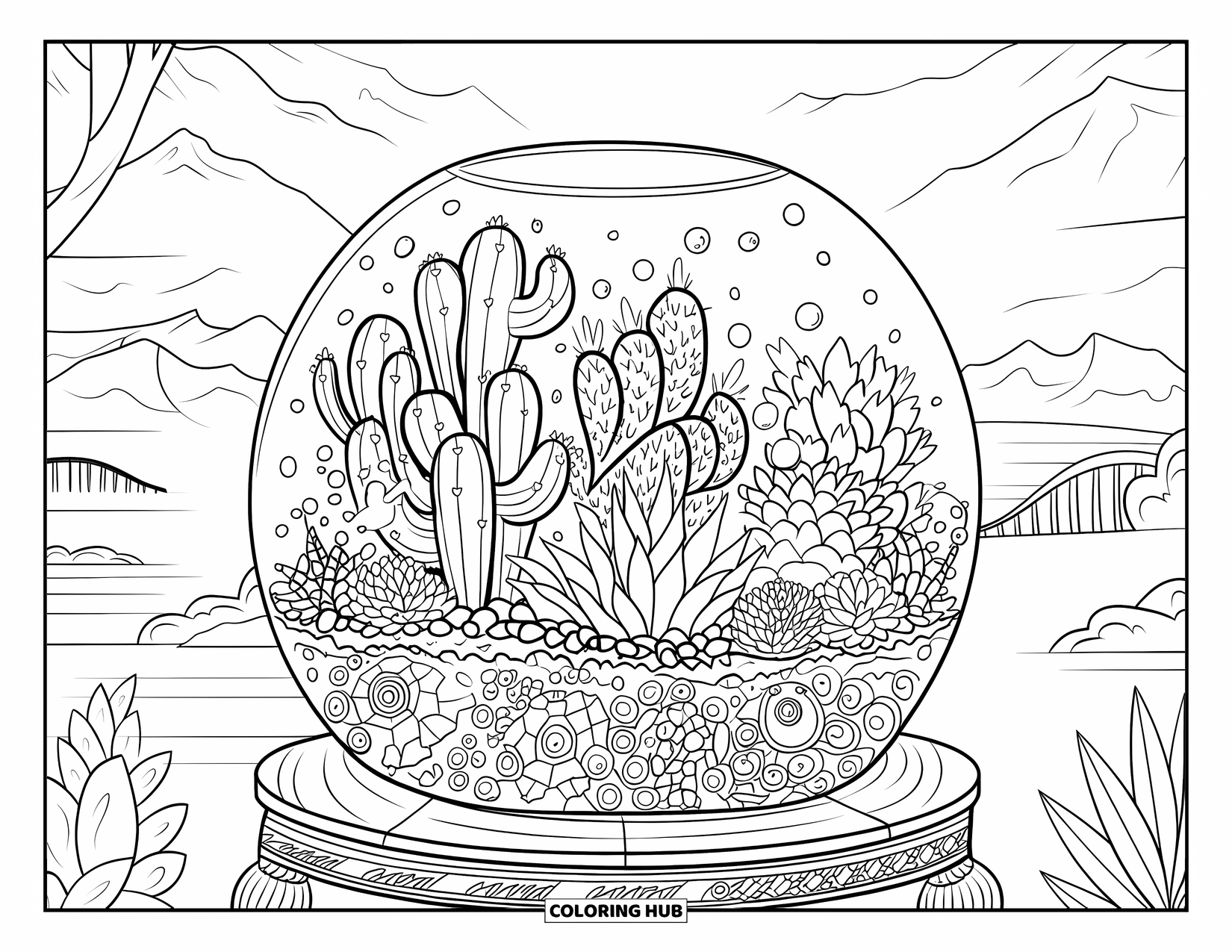 Cactus Coloring Page for Adults: A glass terrarium with cacti and succulents, set against a landscape with mountains and water