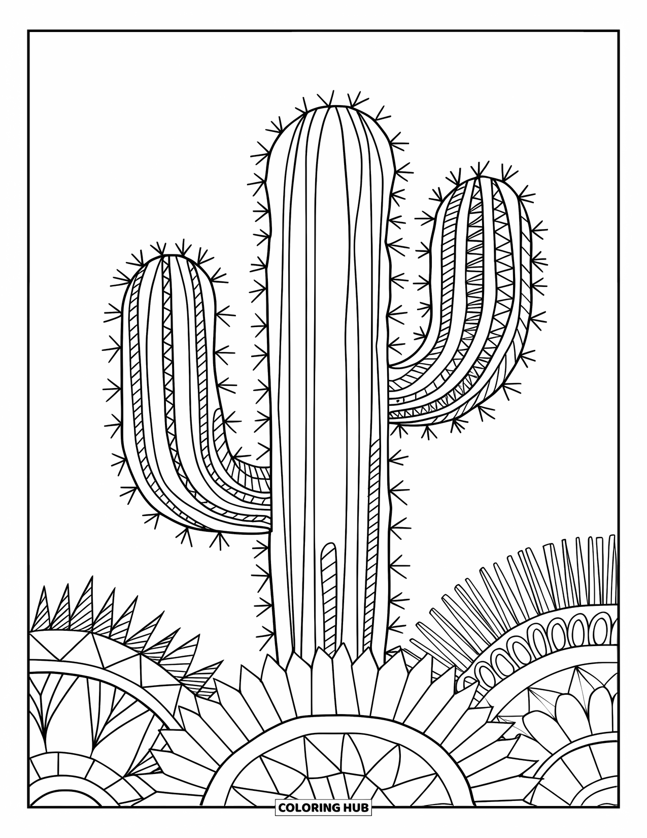 Cactus Coloring Page for Adults: A highly detailed zentangle cactus with bold patterns, set against a white background