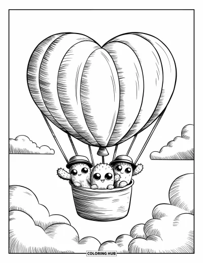 Coloriage de cactus pour adultes : Une aventure en montgolfière avec trois minuscules cactus profitant de la vue depuis leur panier