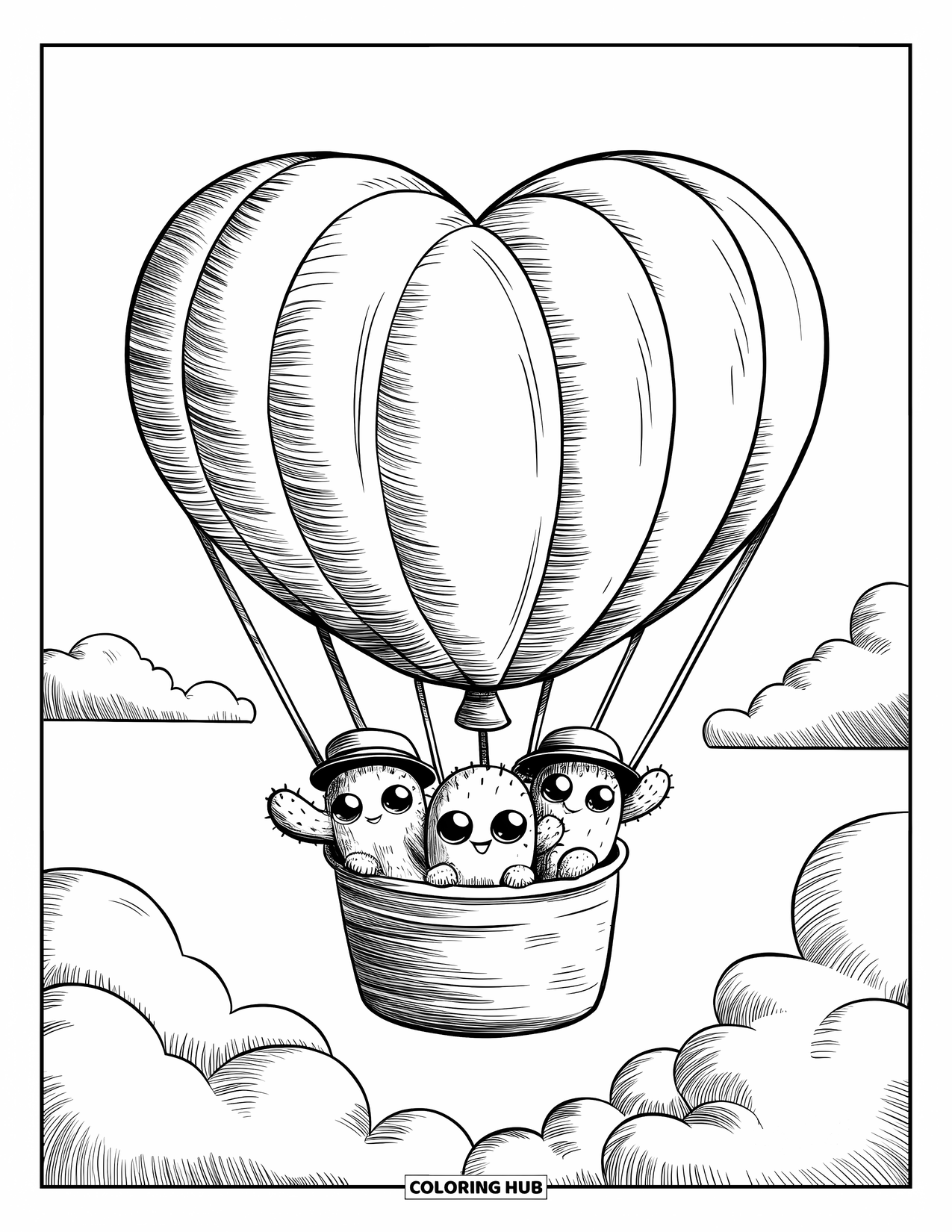Cactus Coloring Page for Adults: A hot air balloon adventure with three tiny cacti enjoying the view from their basket