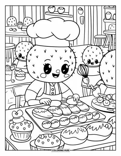 Coloriage de cactus pour adultes : Une boulangerie de cactus animée où un minuscule chef prépare des sucreries, entouré de décorations joyeuses