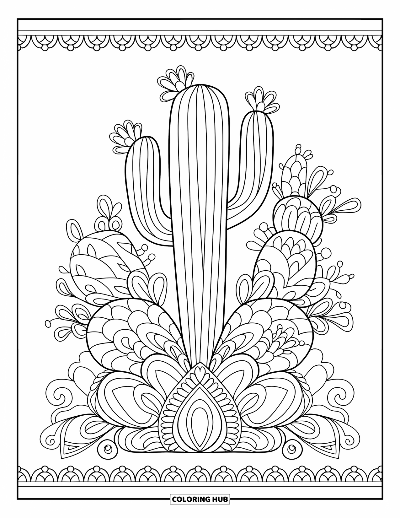 Cactus Coloring Page for Adults: A mandala-style cactus with intricate swirls, floral elements, and ornamental details