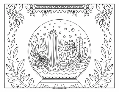 Coloriage de cactus pour adultes : Un terrarium serein de cactus et de plantes succulentes avec des sphères lumineuses, entouré de motifs artistiques