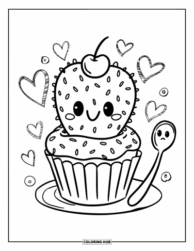 Coloriage de cactus pour adultes : Un cactus souriant à l’intérieur d’un emballage de cupcake, garni de vermicelles et d’une cuillère surprise